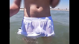 Beach people freak out when I win wet in shorts and thongs in the piles